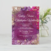 Modern Magenta Plum Gold QR code Wedding Kaart (Staand voorkant)