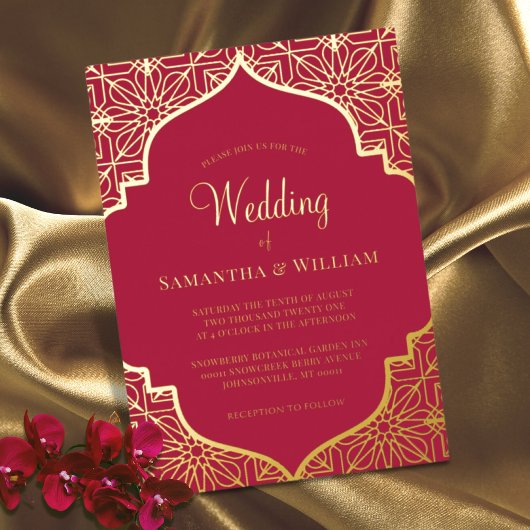 Modern Magenta Red Gold Wedding Folie Uitnodiging