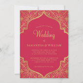 Modern Magenta Red Gold Wedding Kaart (Voorkant)
