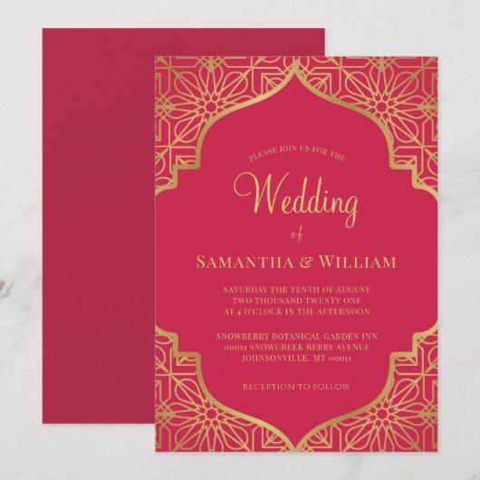 Modern Magenta Red Gold Wedding Kaart (Voorkant / Achterkant)