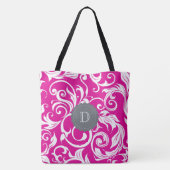 Modern Magenta Roze Grijs Bloembehang Monogram Tote Bag (Achterkant)