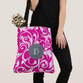Modern Magenta Roze Grijs Bloembehang Monogram Tote Bag (Dichtbij)