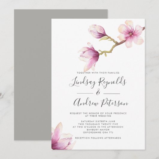 Modern Magnolia Wedding Invitation Kaart (Voorkant / Achterkant)