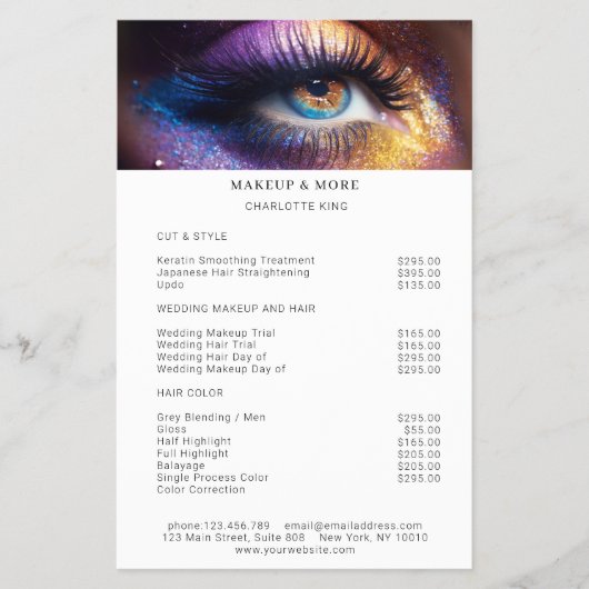 Modern, Make-up Foto Glitter Salon Prijslijst Flyer (Voorkant)