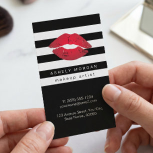 Modern Makeup Red Lips - Chic Black White Stripes Visitekaartje