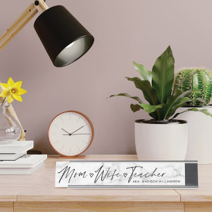 Modern mam, vrouw, leraar wit en grijs marmer bureau naambordje