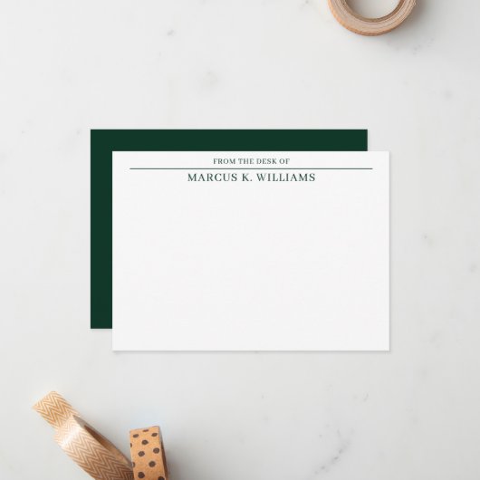 Modern mannelijk groen en wit notitiekaartje (Voorkant / Achterkant in situ)