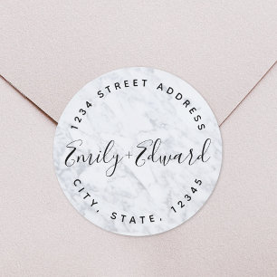 Modern Marble Couple Names Weddenschap Adres Ronde Sticker