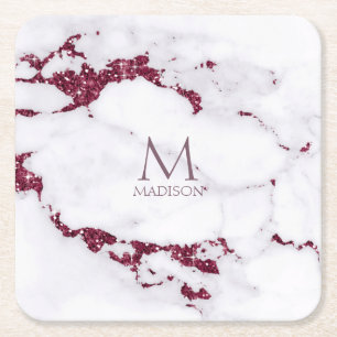 Modern Marble Glitter Monogram Burgundy ID816 Vierkante Kartonnen Onderzetter