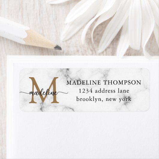 Modern Marble Gold Girly Script Monogram Address Etiket (Insitu)