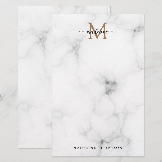 Modern Marble Gold Girly Script Monogram Briefpapier (Voorkant / Achterkant)