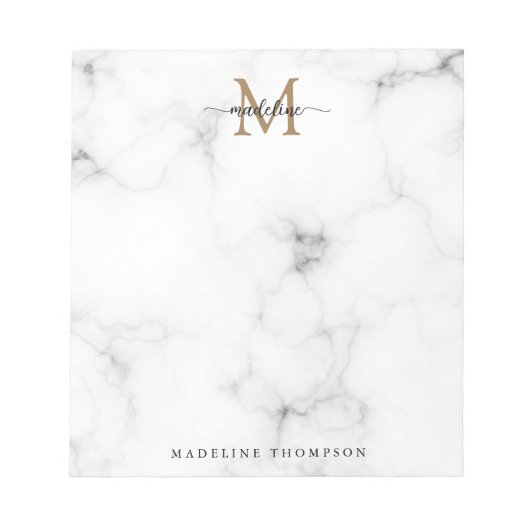 Modern Marble Gold Girly Script Monogram Notitieblok (Voorkant)