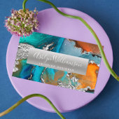 Modern marble waterverf Silver Turquoise script Visitekaartje
