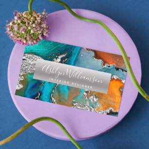 Modern marble waterverf Silver Turquoise script Visitekaartje