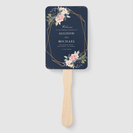 Modern marineblauw & blush roze bruiloft programma handwaaier (Voorkant)
