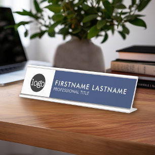 Modern Marineblauw en Wit - voeg Logo, Naam, Titel Bureau Naambordje