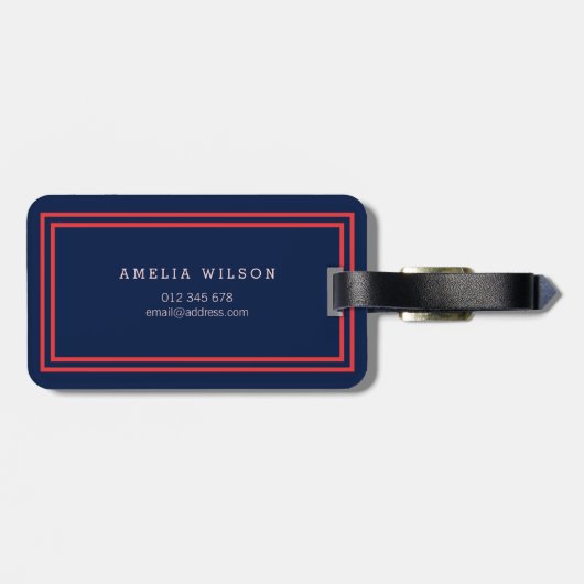 Modern marineblauw met zalmroze randen bagagelabel (Achterkant horizontaal)
