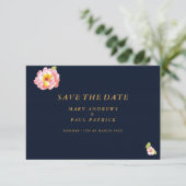 Modern marineblauw roze koraalbloesem Save The Dat Save The Date (Staand voorkant)