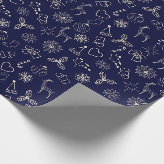 Modern marineblauw Schattige kerstpatroon Cadeaupapier (Hoek)