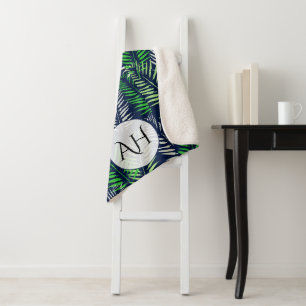 Modern marineblauw tropisch patroon groen blad sherpa deken