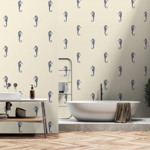 Modern  marineblauw zeepaardje op crème beige behang