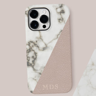 Modern Marmer Blush Roze Faux Lederen Monogram iPhone 16 Pro Max Hoesje