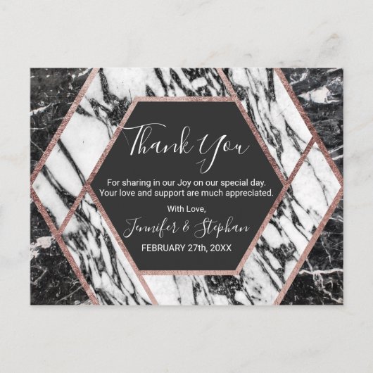Modern Marmer Roos Gouden Trim Hexagon Dank u Briefkaart (Voorkant)