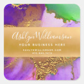 Modern marmer waterverf goud paars groen script vierkante sticker (Voorkant)