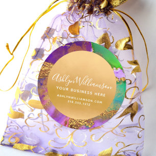 Modern marmer waterverf paars goudgroen script ronde sticker