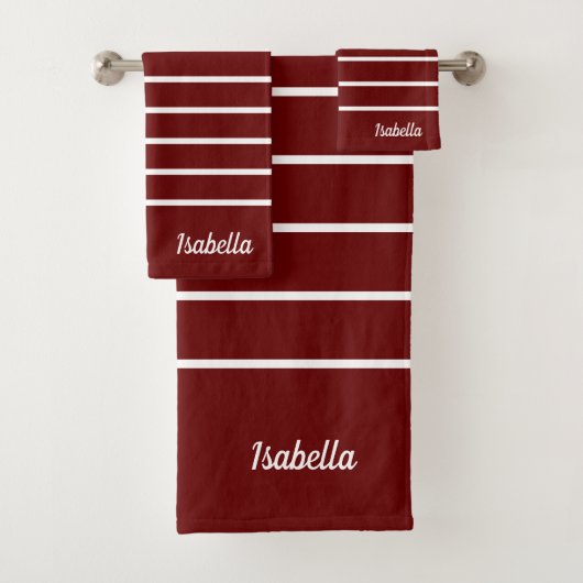 Modern maroon Deep Red Name Script Stripes Bad Handdoek (Insitu)