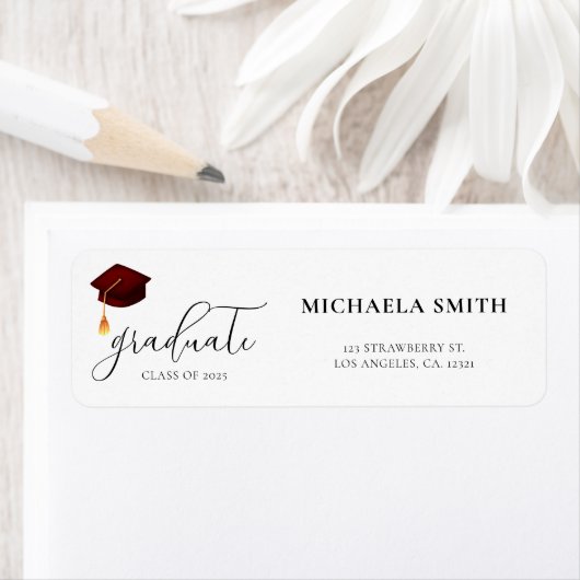 Modern Maroon Script Afstuderen Retouradres Etiket (Insitu)