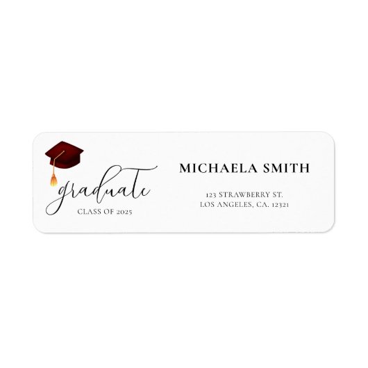 Modern Maroon Script Afstuderen Retouradres Etiket (Voorkant)