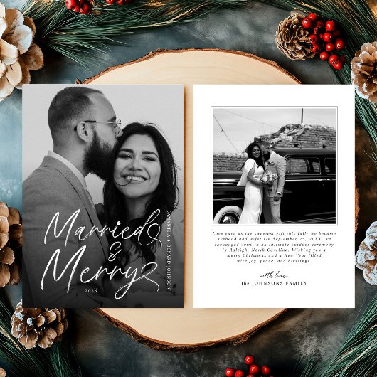 Modern Married and Merry Pas getrouwd Script voor Feestdagenkaart