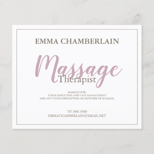 Modern Massage Therapeut Script Roze Blush Lettert Flyer (Voorkant)