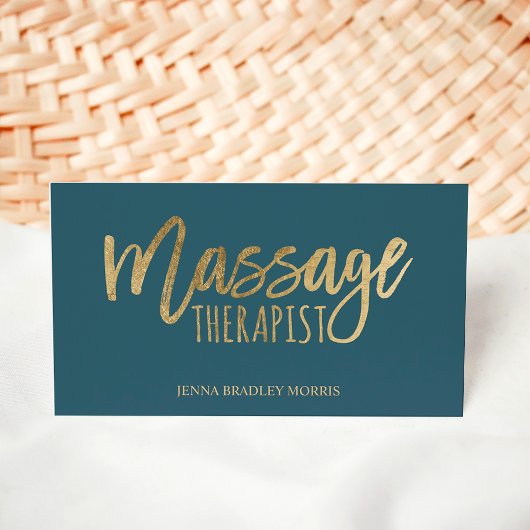 Modern massage therapeutisch script chic gold blue visitekaartje