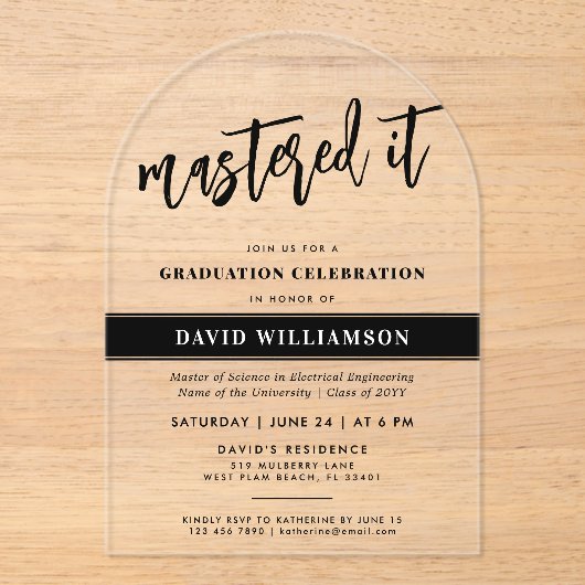 Modern Master's Degree Afstuderen Beheerde het Acryl Uitnodigingen (Voorkant)