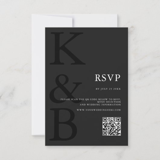 Modern mat zwart monogram minimalistische bruiloft RSVP kaartje (Voorkant)