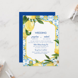 Modern mediterraan kobalt Blue & Lemons Wedding Kaart