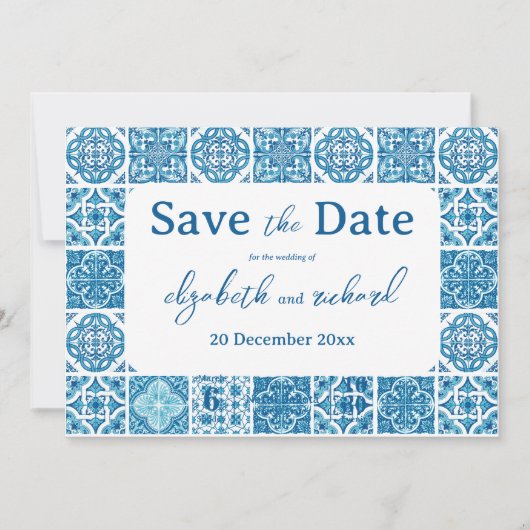 Modern Mediterraans Citroenblauw Tegels Bruiloft Save The Date (Voorkant)