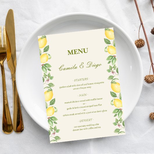 Modern Mediterranean Olive Lemon Elegant Wedding Menu
