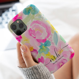 Modern meisjesroze loose floral waterverf monogram iPhone 11 pro max hoesje