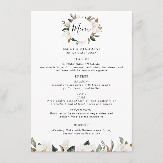 modern menu van de magnolia floral bruiloft (Voorkant)