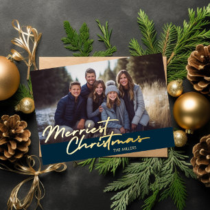 Modern Merriest Christmas 1 foto Navy Plaid Folie Feestdagen Briefkaart