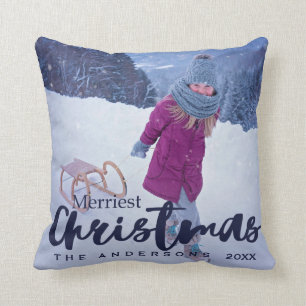 Modern Merriest Christmas Script Vakantie Foto Kussen
