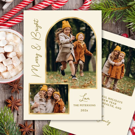 Modern Merry and Bright Script Gold Arch 3 Photo Feestdagenkaart