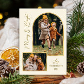 Modern Merry and Bright Script Gold Arch 3 Photo Feestdagenkaart