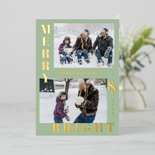 Modern Merry & Bright 2 Foto Sage Elegant Folie Feestdagenkaart