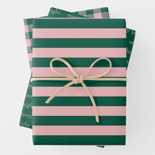 Modern Merry & Bright Kerstfeestdag Groen Roze Inpakpapier Vel (In situ)