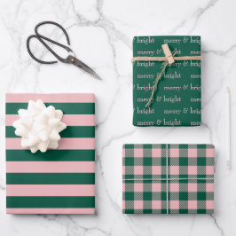 Modern Merry & Bright Kerstfeestdag Groen Roze Inpakpapier Vel
