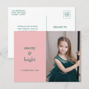 Modern Merry & Bright Kerstgroen & Roze Feestdagenkaart